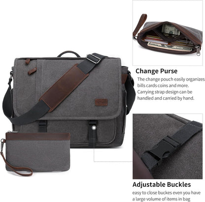 Nerlion Messenger Bag for Men 17-17.3 Inch Laptop Bag Canvas Water-resistant Computer Bag Shoulder Bag Work Briefcase Bookbag for College (Gray)