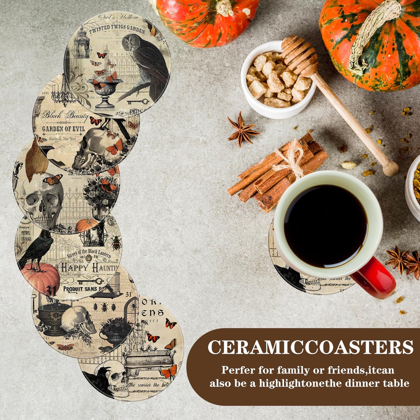 Whaline 6Pcs Halloween Coasters with Holder Vintage Owl Crow Skull Ceramic Drink Coasters Absorbent Cup Mat for Home Kitchen Party Table Protection