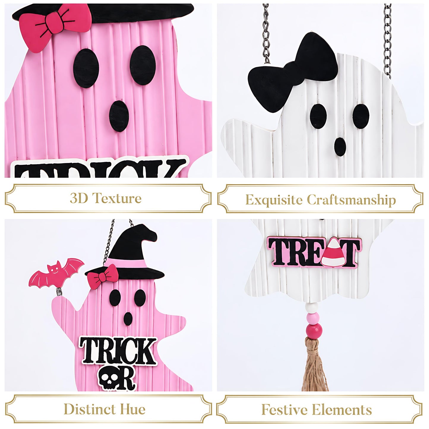 Valery Madelyn Pink Halloween Decorations, Cute Halloween Door Wreath Decorations, Ghost with Witch Hat Wooden Hanging Sign for Wall Window Door Handle, 16 inch