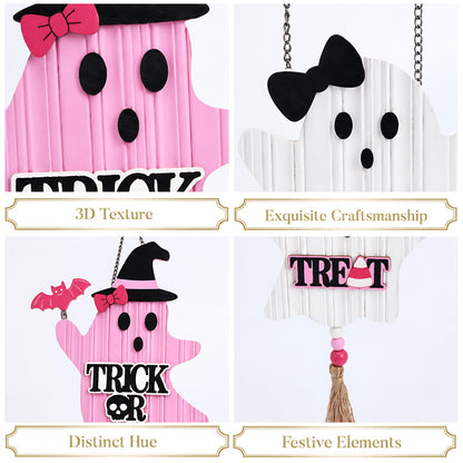 Valery Madelyn Pink Halloween Decorations, Cute Halloween Door Wreath Decorations, Ghost with Witch Hat Wooden Hanging Sign for Wall Window Door Handle, 16 inch