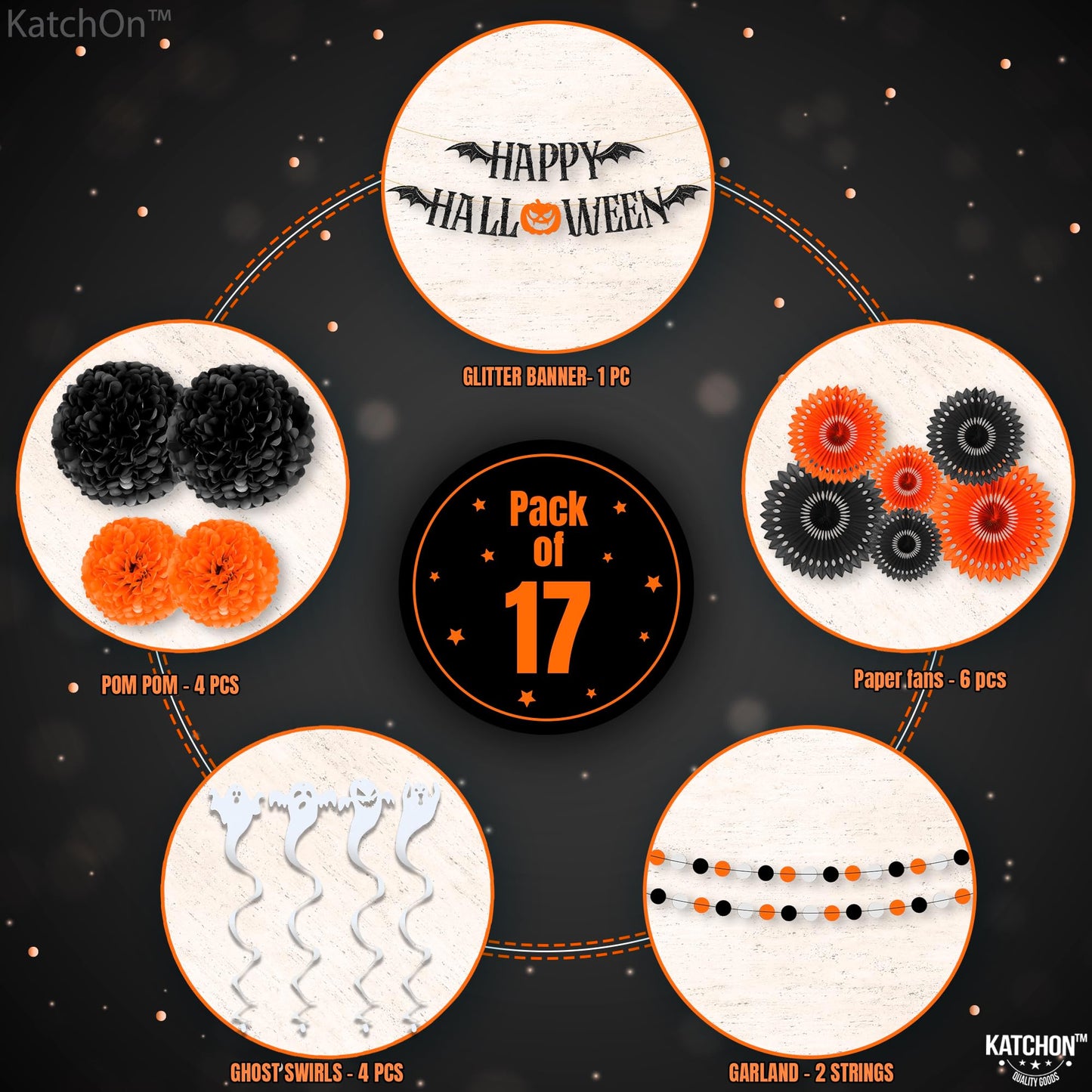 KatchOn, Halloween Decoration Bundle – 71 Pack Hanging Halloween Set with Banner, Garlands, Ghost Swirls, Pumpkins And Orange And Black Decoration Set with Fringe Backdrop And Balloon Arch Kit