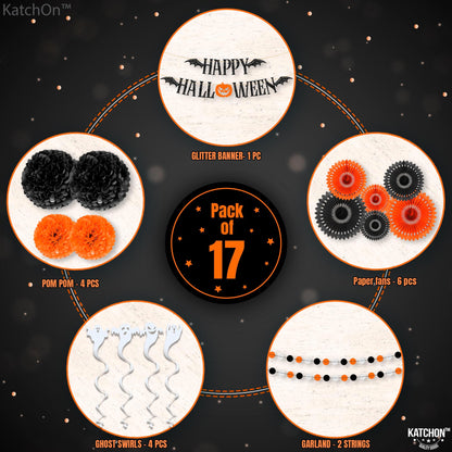 KatchOn, Halloween Banner & Fringe Set-Pack of 23 | Paper Fan Glittery Happy Halloween Garlands, Ghost Hanging Swirls with Paper Lanterns & Honeycomb Set | Perfect for halloween Party.
