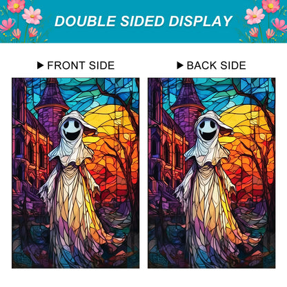 BlissYard Spooky Ghost Halloween House Flag 28 x 40 Inch Double Sided Stained Glass Church Sunset Fall Garden Flag Banner Background for Autumn Porch Yard Outdoor Decor Holiday House Flags