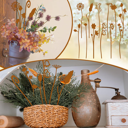LEIFIDE 12 Pcs Rusty Metal Flowers Stakes Rustic Metal Floral Yard Art Lawn Art Fern Decor Garden Stakes for Home Patio Farm Wedding Courtyard Decoration 11 Inches Tall