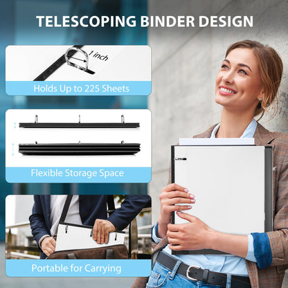 WOT I 1 Inch Telescoping 3 Ring Binder 4 Pack, Expandable Flexible Binder with Customizable Front Cover & Clear Catalog Pocket, Holds 225 Sheets, School Office Supplies, Black+White
