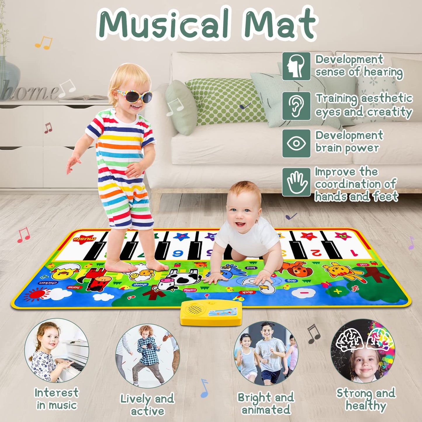 M SANMERSEN Piano Mat, 53'' x 23'' Musical Toys for Toddlers Floor Piano Touch Playmat with 8 Animal Sounds, Music Keyboard Dance Mat Toddler Toys Gifts for Boys and Girls 1 2 3 4 5 Year Old