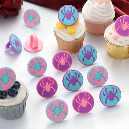 RoundFunny 48 Pcs Spider Cupcake Toppers Cake Decorations Spider Birthday Party Decoration Cupcake Dessert Rings Toppers for summer Party Gifts Classroom Prizes(Teal/Purple/Pink)