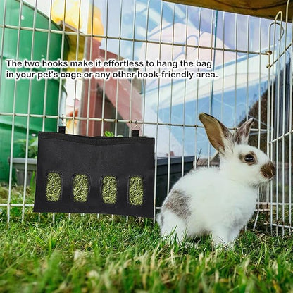 Rabbit Hay Feeder Bag, Large Capacity Rabbit Hay Bag Small Animal Hanging Hay Bag 600D Oxford Cloth Bunny Hay Feeder Bag for Rabbits Guinea Pigs Chinchillas (Black-2 Holes-2Pcs)