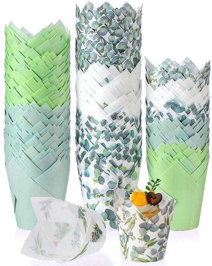 Havawish 500 Counts Green Tulip Cupcake Liners Birthday Party Eucalyptus Muffin Cupcake Baking Liners Grease Proof Cake Liner Holders for Wedding Birthday Party