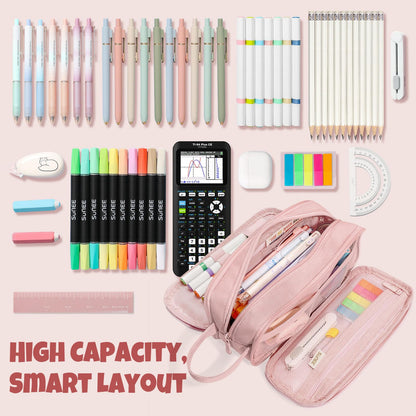 SUNEE Large Capacity Pencil Case with 3 Compartment, Extra Big Pencil Pouch, Pencil Bag with Zipper, Cute High Stationery Organizer, Oxford Pen Box School Supplies for Student Teen Girls Boys, Pink