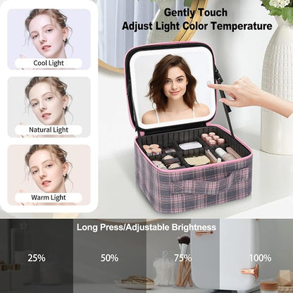 Relavel Travel Makeup Bag With LED Mirror, Portable Cosmetic Organizer Bag with Adjustable Brightness in 3 Color Scenarios, Small Train Case with Detachable Dividers for Trip- Grey Strip