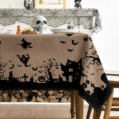 Horaldaily Halloween Tablecloth 60×84 Inch Rectangular, Castle Tree Scary Themed Beige Washable Table Cover for Party Picnic Dinner Decor