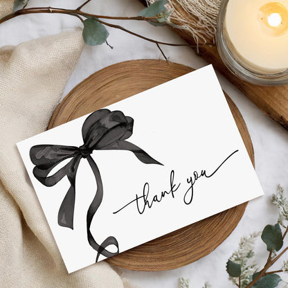 Whaline 24 Pcs Black Bow Thank You Cards with Envelopes and Stickers Watercolor Bow Greeting Cards Black Blank Note Card for Halloween Party Supplies