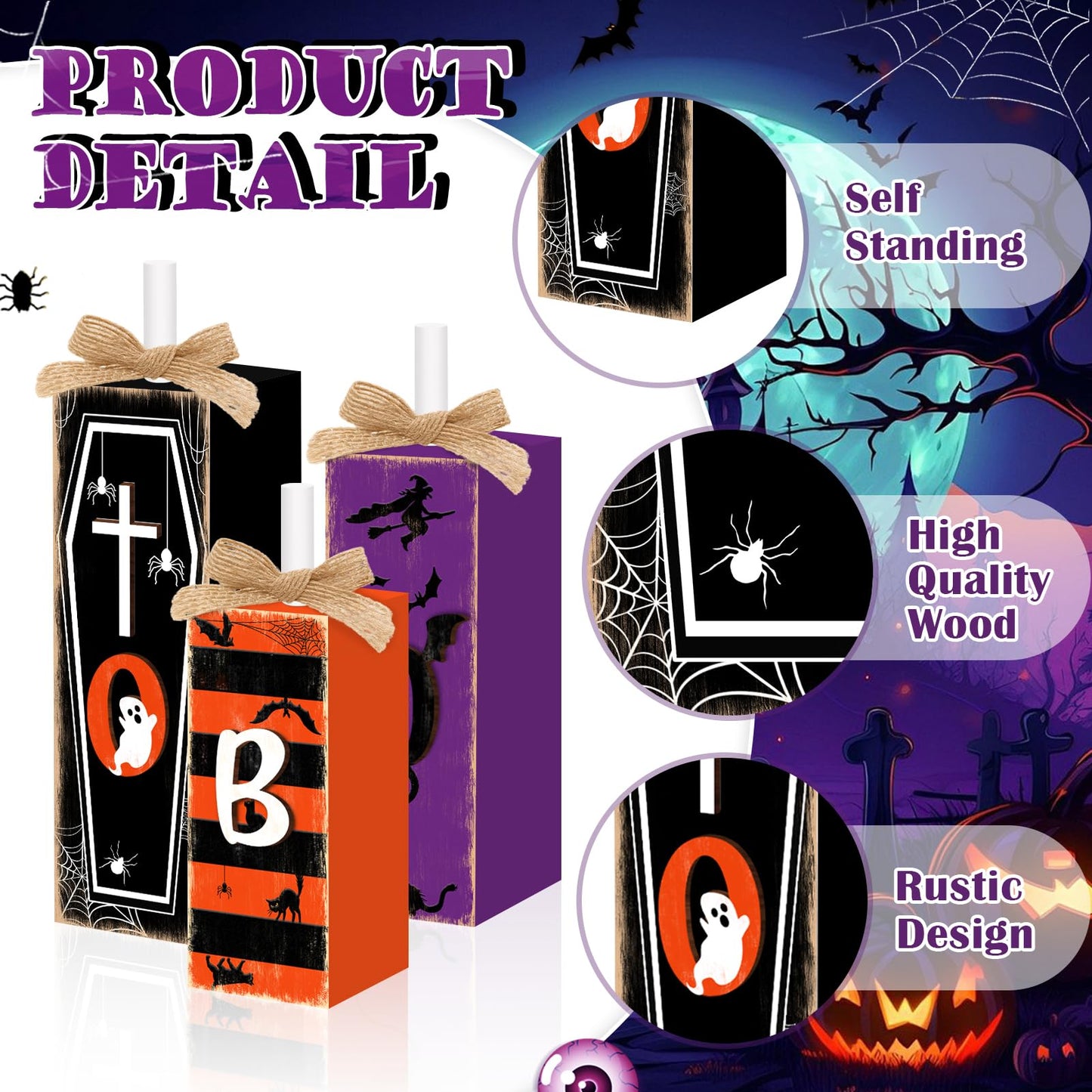 3 Pcs Boo Halloween Sign Wooden Tiered Tray Decor, Witch Black Cat Cross Coffin Table Decor 3D Carving Craft Halloween Decorations Party Tabletop Centerpieces for Home Kitchen Indoor Mantel