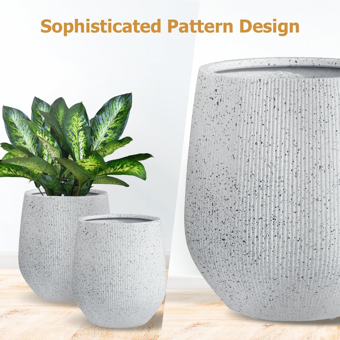 KUTE NEST 12.5" H x 11.5" D Premium Ribbed Corso Fiberstone Round Tapered Planter with Drainage Hole, Weather Resistant, Included 2 Extra Coco Mats (Ribbed Speckled White, 9" Pot Opening)