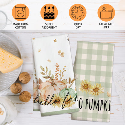 RPLCSPC Hello Fall Decorative Kitchen Towel Gift, Pumpkin Floral Dish Towels, Birthday Housewarming Gift Ideas for Family Friends, Farmhouse Home Fall Seasonal Decoration(Set of 2)-C13