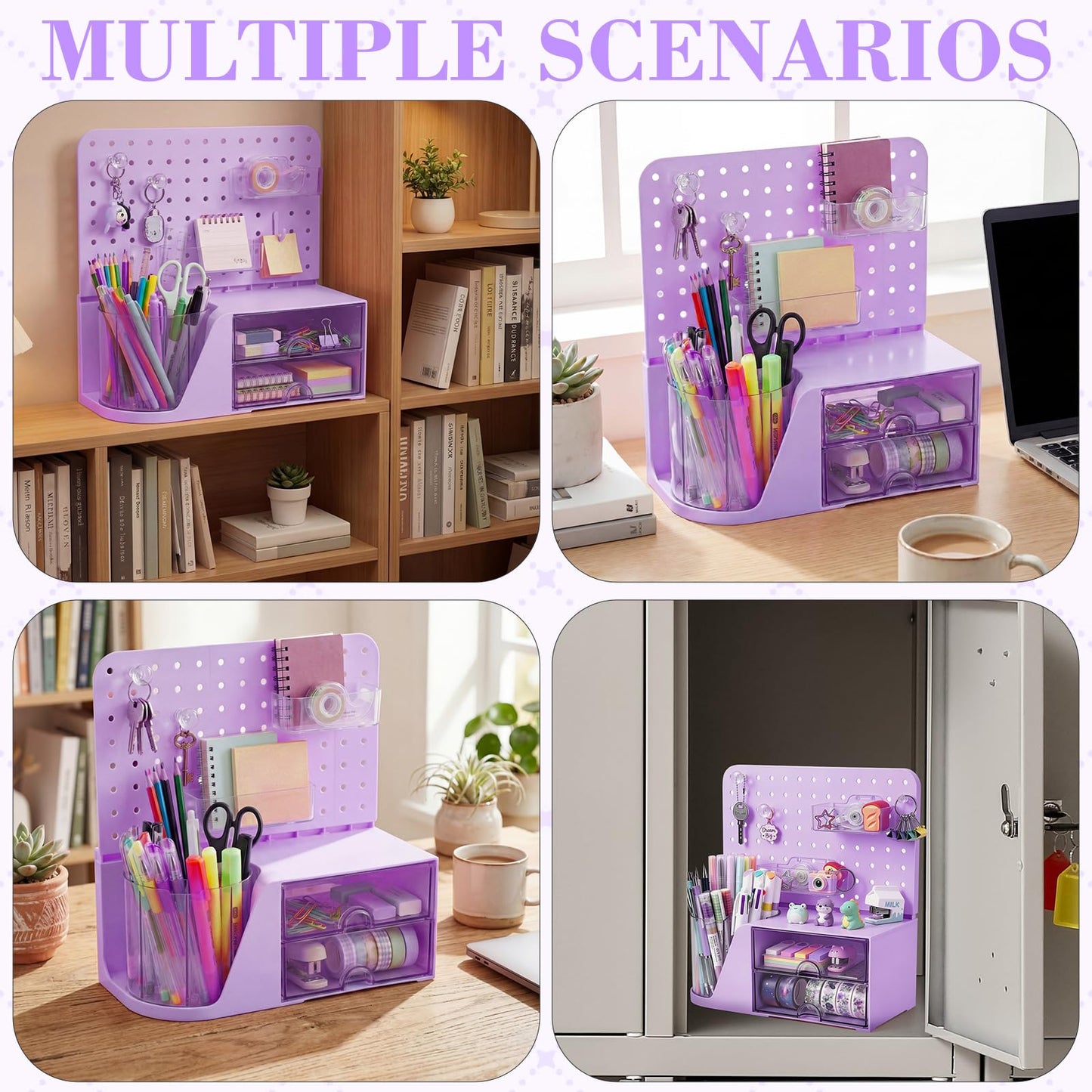 Novabright Desk Organizer with Drawers, Rotating Pen Holder with 5 Slots & Pegboard, Back to School & First Day of School Gifts, Multifunctional Desktop Storage for Desk Home Office Supplies(Purple)