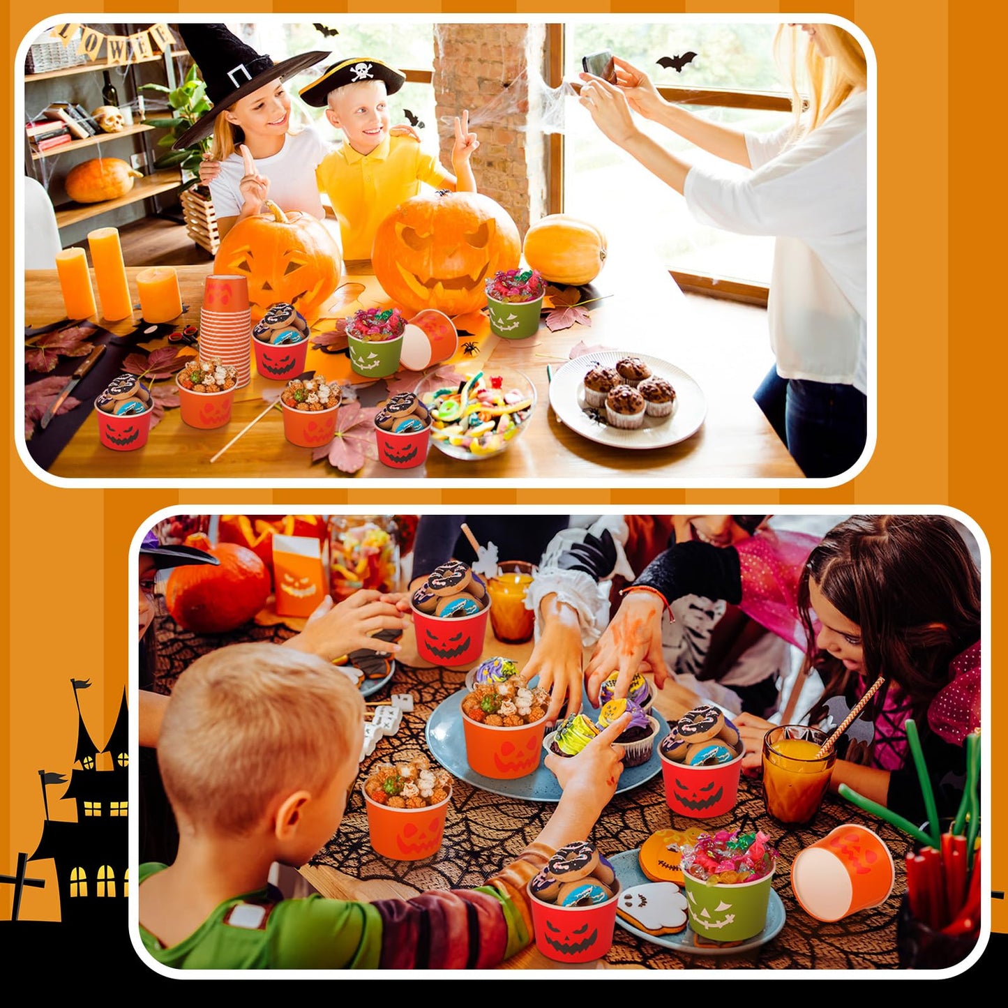 Uiifan 80 Pcs 8 Oz Halloween Disposable Cups Paper Snack Cups Halloween Party Cups Disposable Pumpkin Bowls for Adult Coffee Juice Hot Cold Drinks Candy Snack Party Supplies, 4 Styles