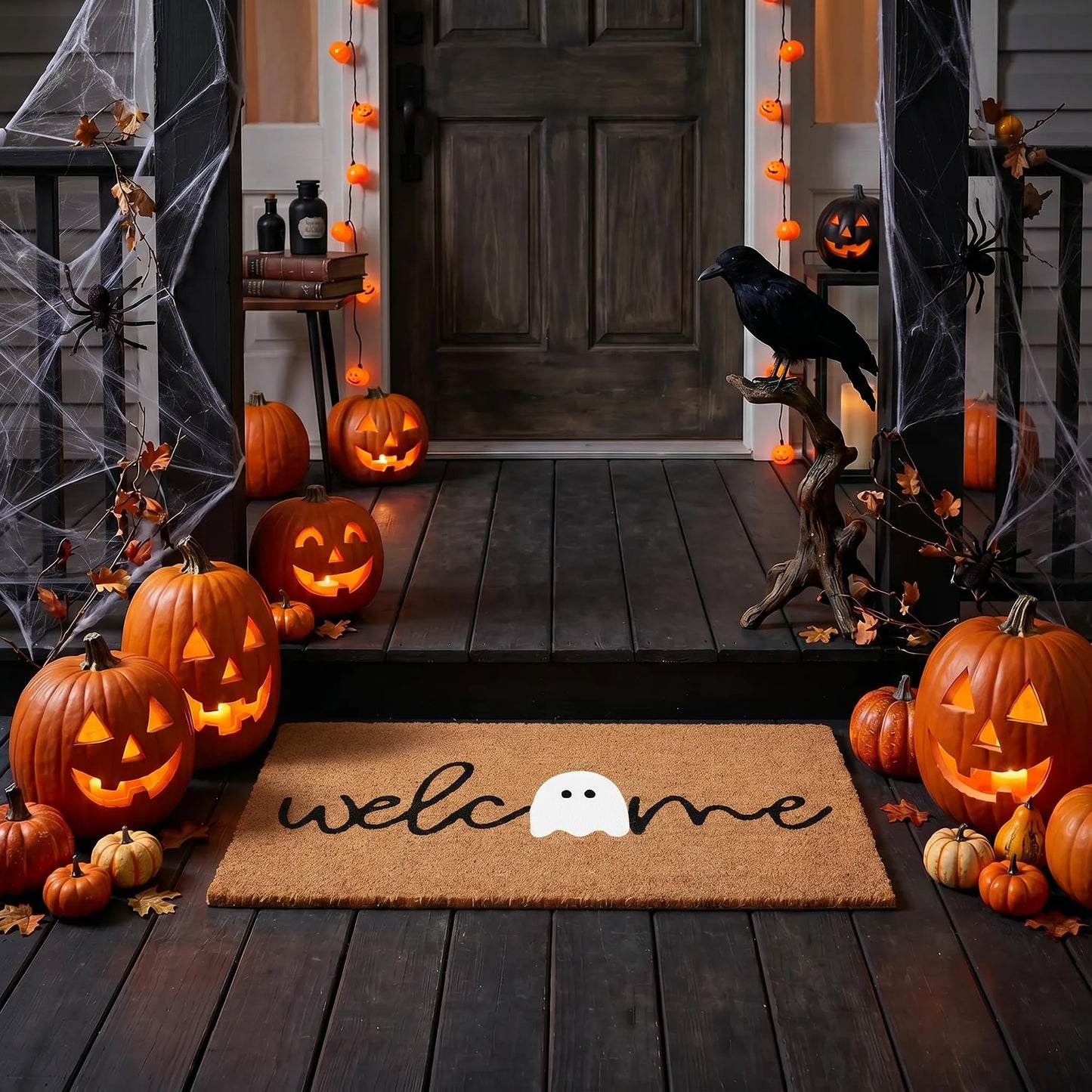 Halloween Ghost Welcome Coir Doormat 17"x30", Outdoor Front Door Mat with Cute Ghost Design, PVC Non Slip Backing, Fall Halloween Welcome Mat for Front Porch Entryway Decor