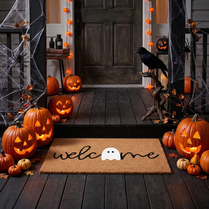 Halloween Ghost Welcome Coir Doormat 17"x30", Outdoor Front Door Mat with Cute Ghost Design, PVC Non Slip Backing, Fall Halloween Welcome Mat for Front Porch Entryway Decor