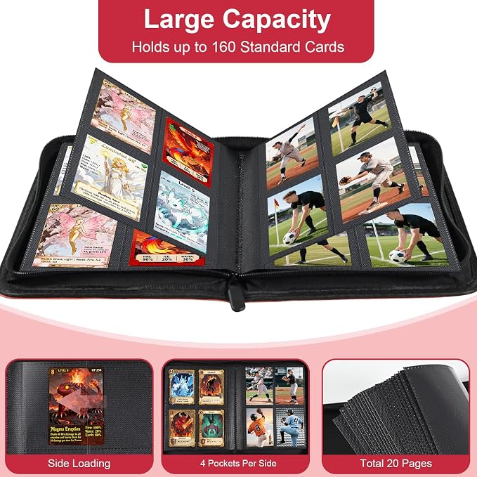 BYSTER 4 Pocket Card Binder, Premium PU Trading Card Binder with Zipper, 160 Capacity Side-Loading Binder for TCG, MTG, Sports Cards, Game Cards, Red