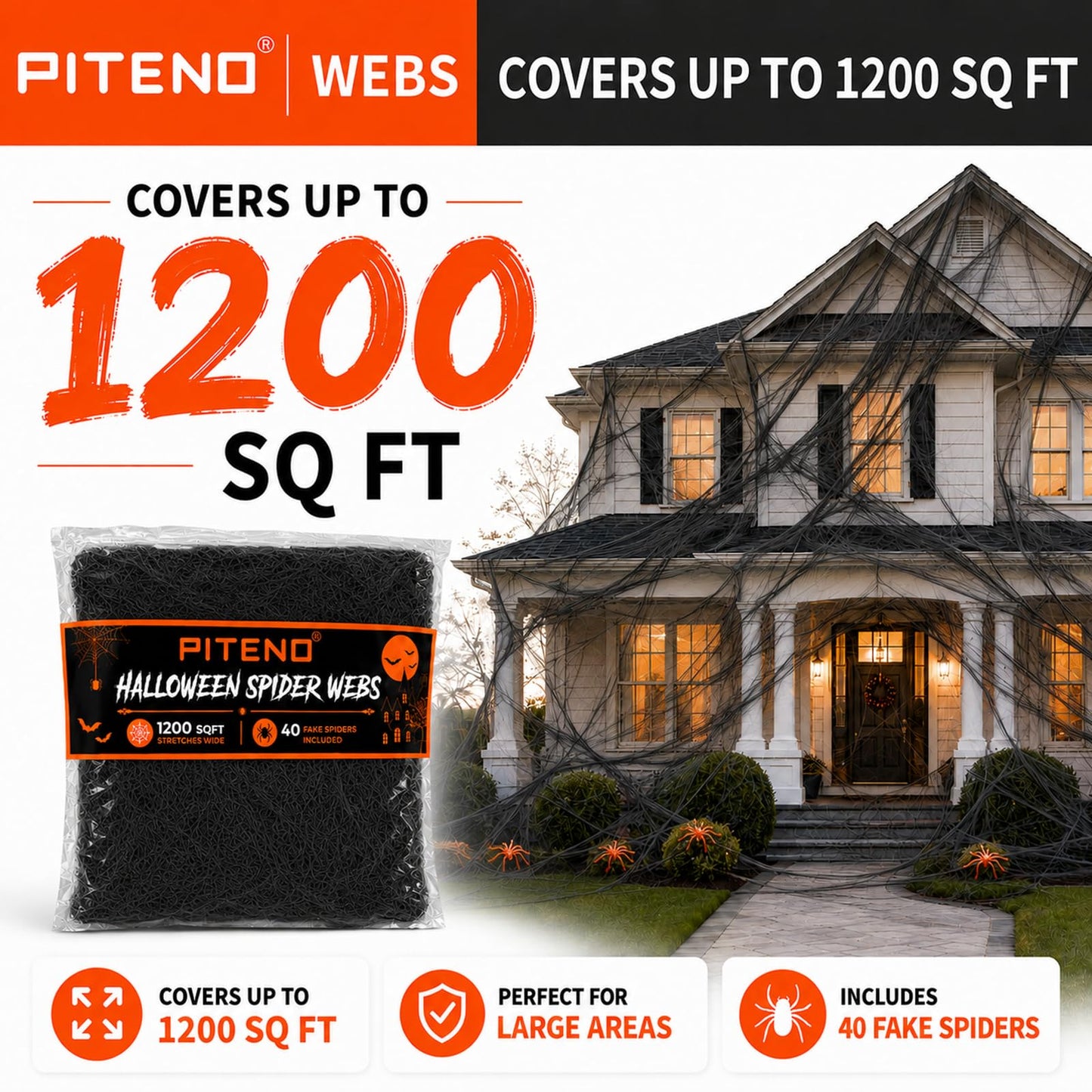 Piteno® 1200 sqft Spider Webs Halloween Decorations with 40 Fake Spiders, Stretchable Halloween Spider Webs for Indoor Outdoor Haunted House Yard Porch Party Decor (Black)