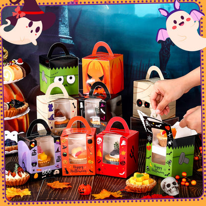 Qeeenar 60 Pieces Halloween Cupcake Boxes Halloween Individual Carriers Party Boxes with Clear Window for Cupcake Candies Gifts Wrap Dessert Table Decoration