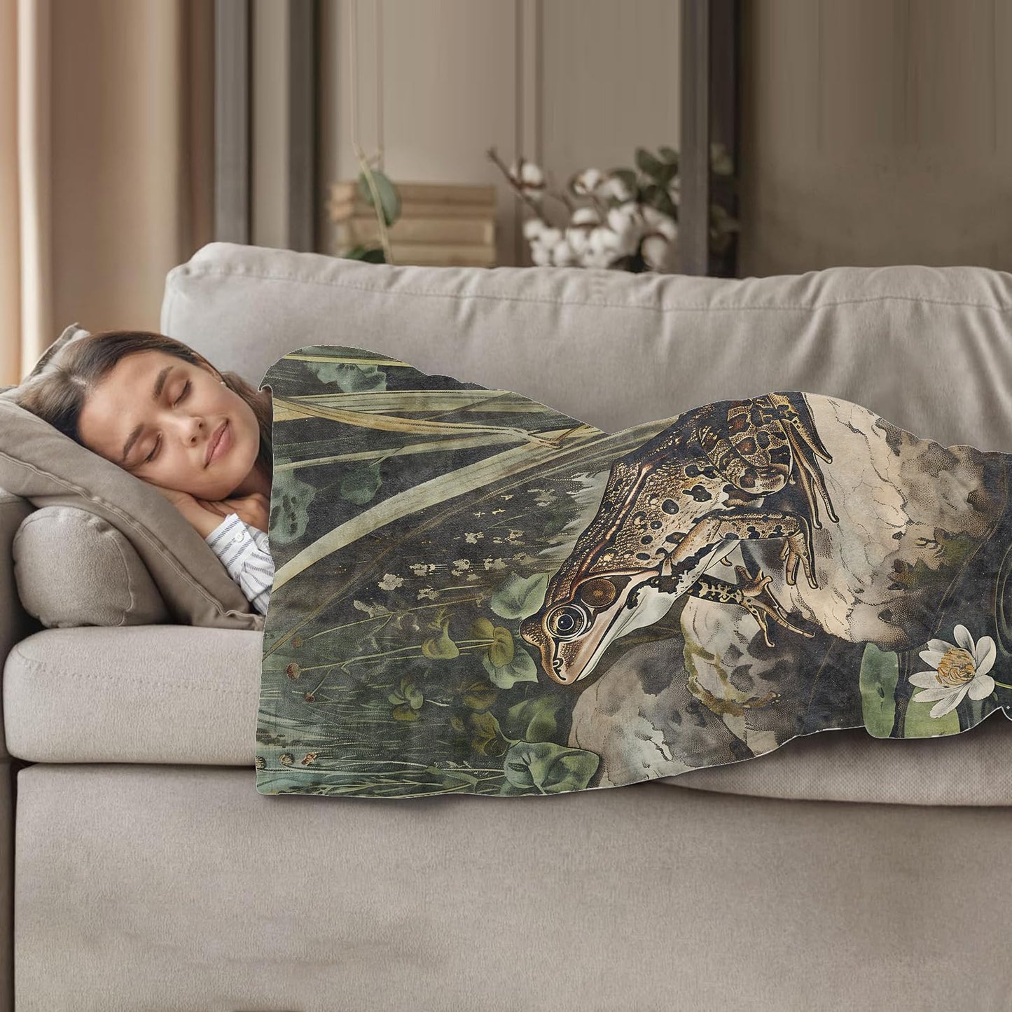 Plistiz Frog Pattern Throw Blanket 50"x60", Frog Blankets for Bedroom Decor, Cozy Flannel Polyester Frog Gifts for Women Nature Lovers