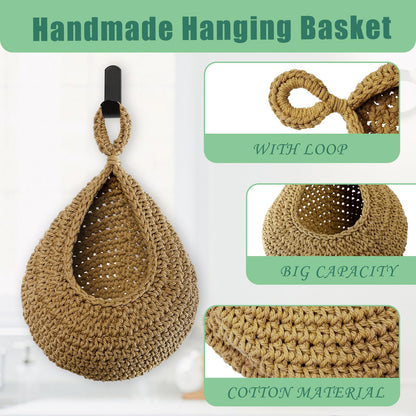 Velloray Hanging Fruit Baskets for Kitchen - Handwoven in 3 Sizes Boho Wall Hanging Basket with 3 Hooks, Bohemian Teardrop Jute Hanging Holder for Fruits Vegetable Potato Onion Storage