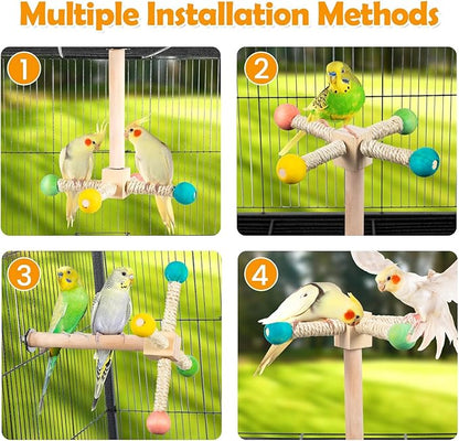 FrgKbTm Rotating Bird Perches Toy, Interactive Spinning Parrot Parakeet Toys, Wooden Exercise Stand Bird Cage Accessories for Budgies,Cockatiels,Small Birds