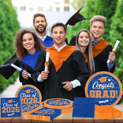 Gexlaju Graduation Plates and Napkins 2026,200pcs Orange and Blue Graduation Decorations 2026 Disposable Congrats Grad Paper Plates for Class Of 2026 Party Supplies,Serve 50