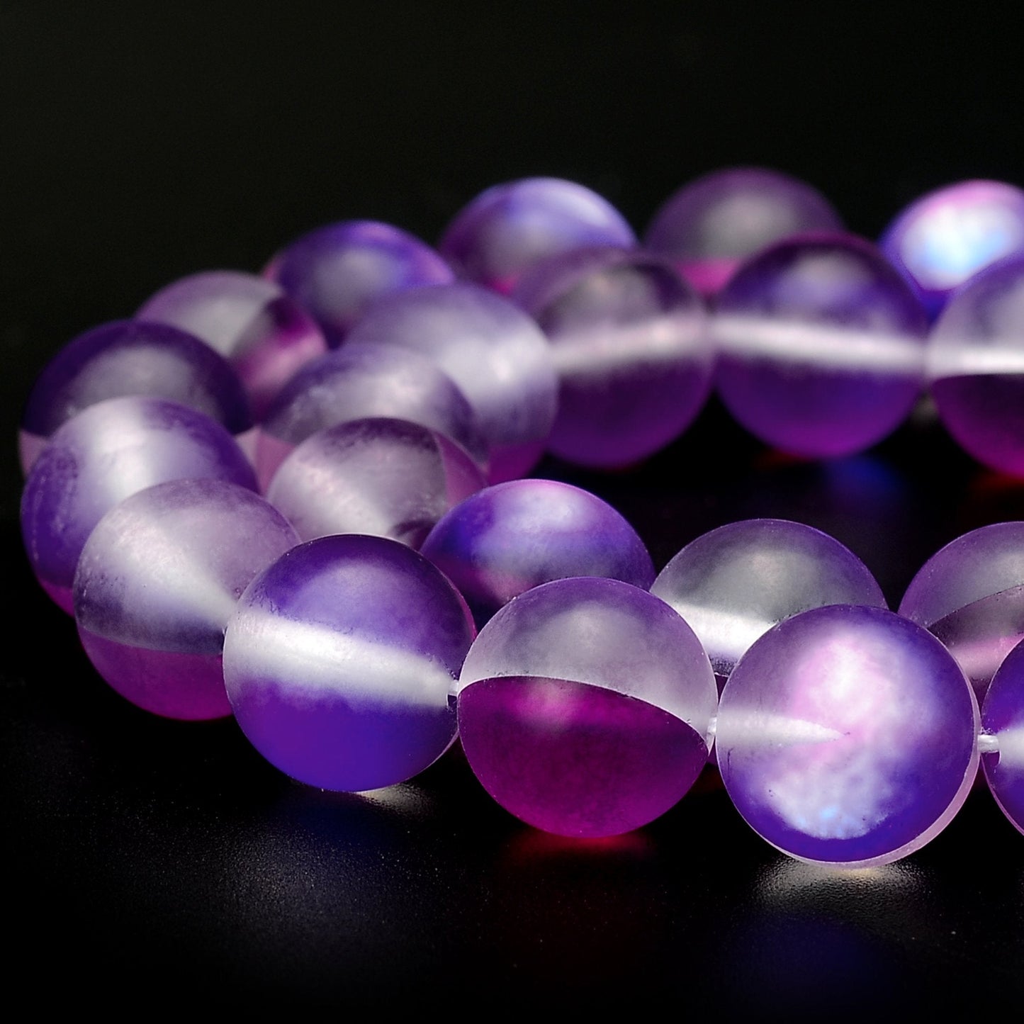 RUBYCA 12mm Round Moonstone Matte Crystal Glass Beads Aura for Jewelry Making Purple, 1 Strand
