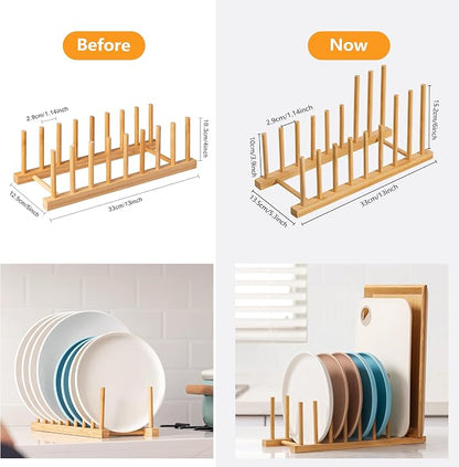 HBlife Heighten and Widen Bamboo Dish Drying Rack Plate Bowl Cup Book Pot Lid Cutting Board Stand Drainer Storage Holder Organizer for Kitchen Cabinet