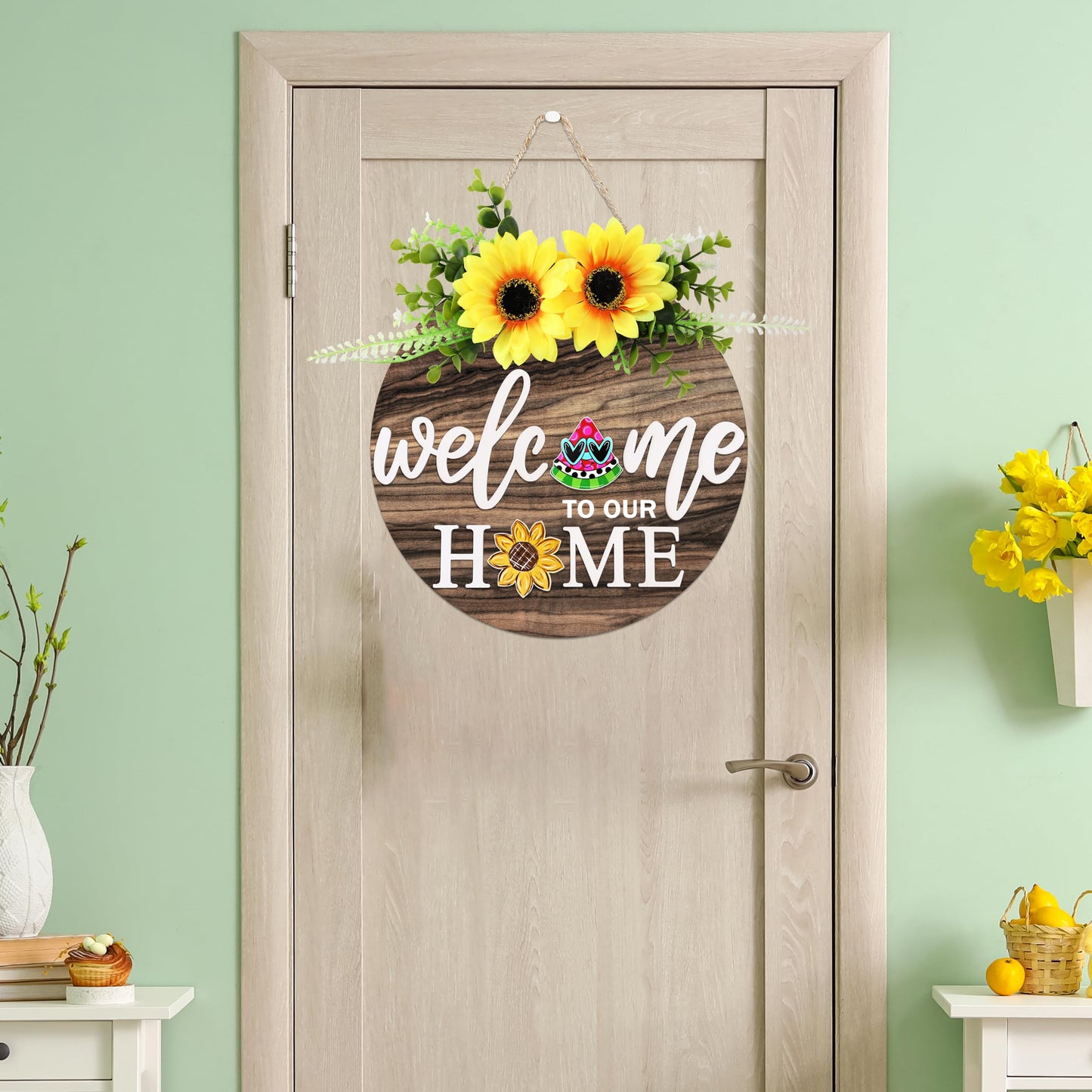 Interchangeable Welcome Sign for Front Door with 4 Seasonal Wreaths 21 Changeable Icons, Farmhouse Rustic Outdoor Welcome Signs Porch, Spring Winter Fall Decorations for Home House Warming Gifts