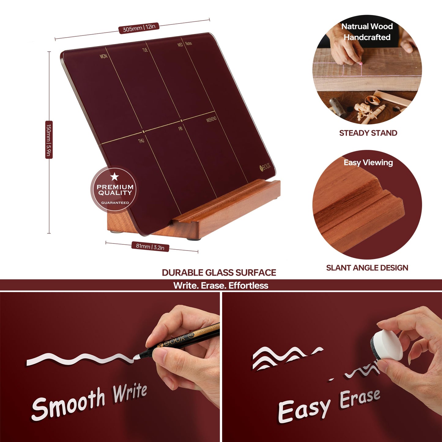 Desk Weekly Glass Dry Erase Board with Detachable Wood Stand, Burgundy Red, Small Desktop Calendar to Do List Planner Whiteboard 12x6 for Office, Home, Schools, Marker&Eraser Included, Yeoux