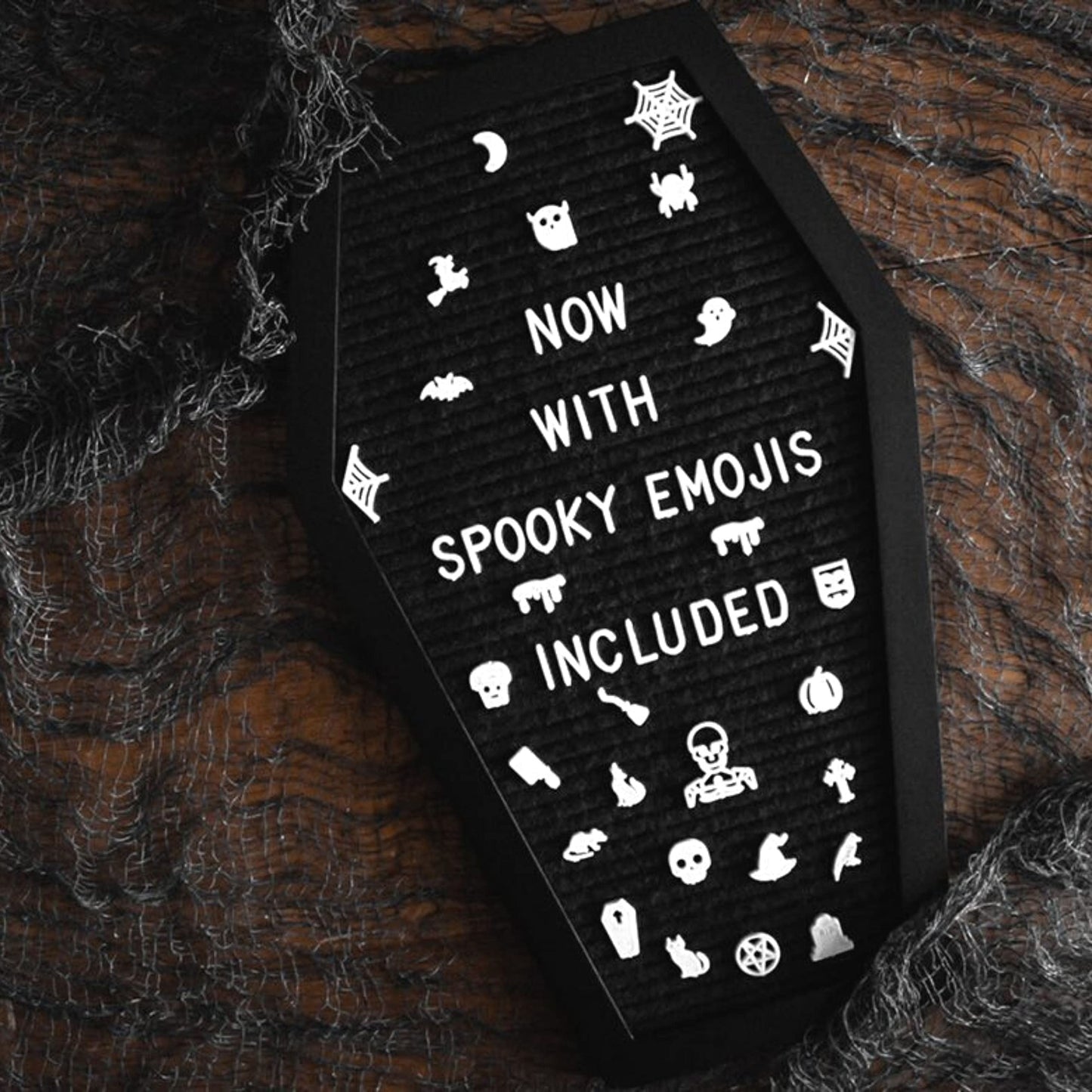 Nomnu Coffin Letter Board Black +3D Bat Stickers +650 Characters, Spooky Seasonal Emojis, Wooden Stand - 17x10.5 Inches - Coffin Shaped Goth Decor Sign Halloween Decorations Gothic Decor Birthday Home Spooky Gifts
