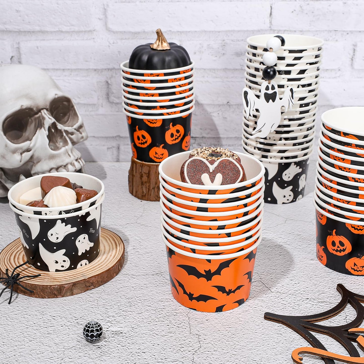 Whaline 60Pcs Halloween Treat Snack Cups Grimace Pumpkin Ghost Bat Pattern Disposable Paper Bowls 9oz Orange Black Paper Cups Dessert Ice Cream Bowls for Halloween Movie Party Favor Supplies, 3 Style