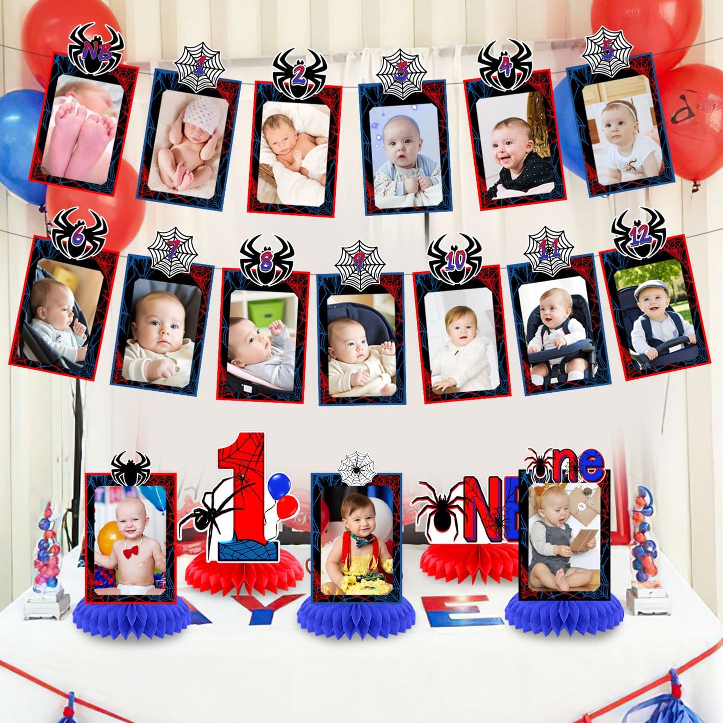 Spider 1st Birthday Party Decorations, Spider Web 12 Monthly Milestone Photo Banner Baby First Year Down Cartoon Spider Theme Photo Table Centerpiece for Boy Spider First Theme Party