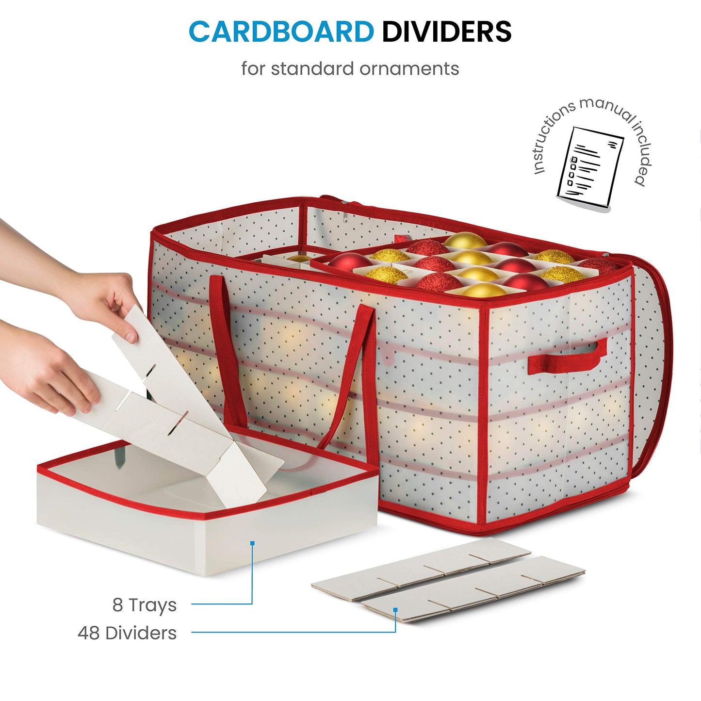 ZOBER Christmas Ornament Storage Box - Stores 128 Ornaments W/ 2 Sided Zipper - Flexible Plastic Christmas Ornament Storage Containers - 3 Inch Cube Compartments - Red