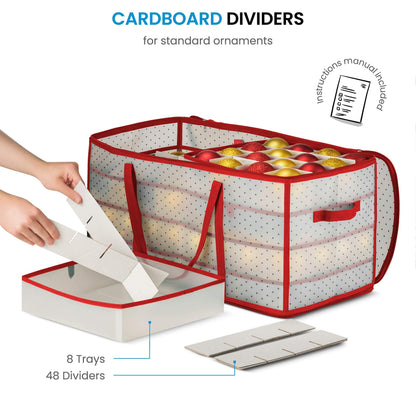 ZOBER Christmas Ornament Storage Box - Stores 128 Ornaments W/ 2 Sided Zipper - Flexible Plastic Christmas Ornament Storage Containers - 3 Inch Cube Compartments - Red