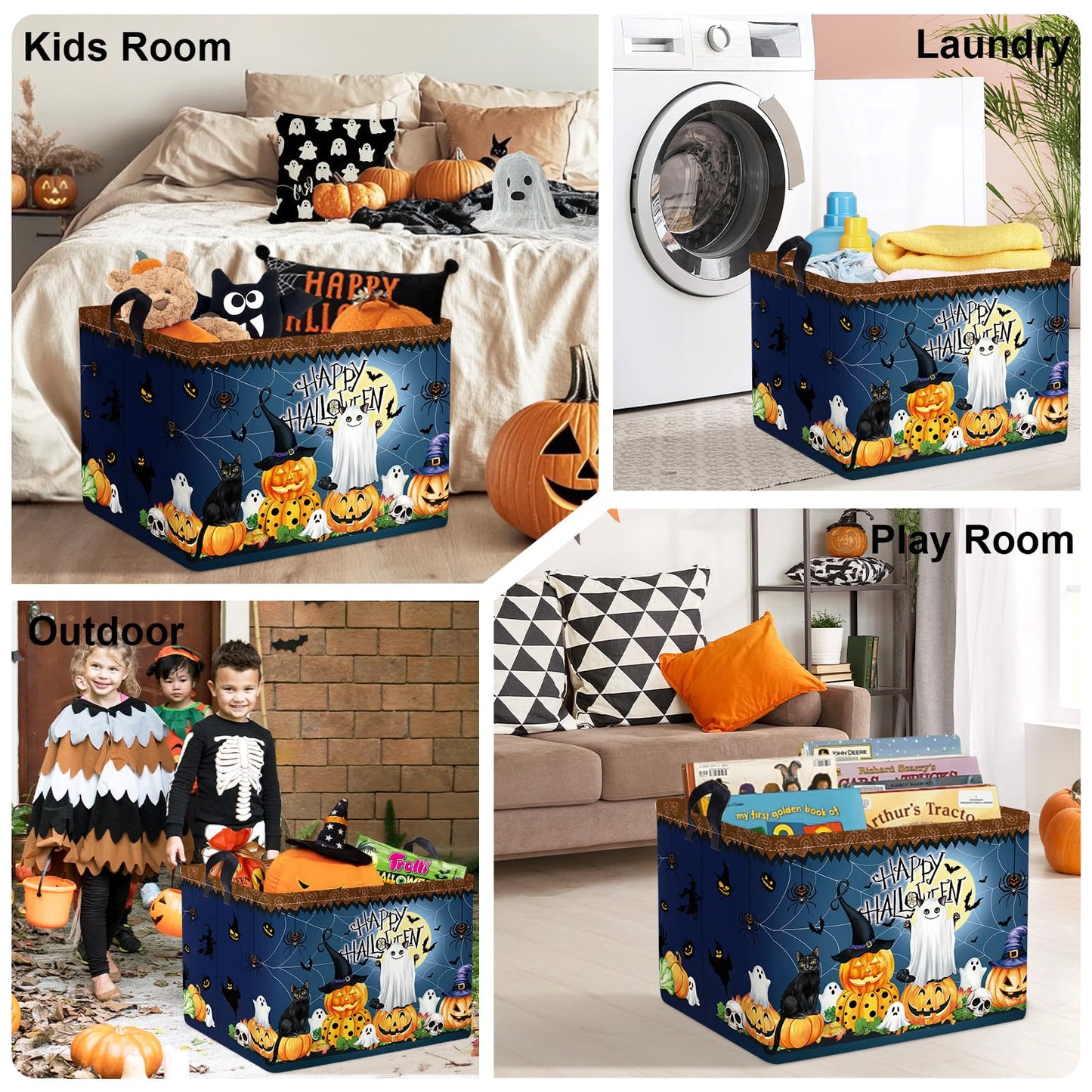 HUUMONSS Halloween Baby Storage Basket Ghost Bat Pumpkin Collapsible Clothes Kids Laundry Hamper Large Boys Girls Gift Toy Box Bin for Nursery Room,Hat Witch,40*30*30 cm
