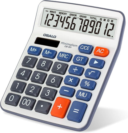 Desktop Calculator Large LCD Display 12 Digit Number Handheld Portable Pocket Basic Calculator with Big Soft Sensitive Button, Battery and Solar Powered, for Office Home School Use(OS-6M)