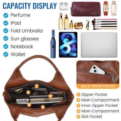 KOGTLA Vegan Leather Purses for Women with Detachable Satchel Strap, Ladies Handbags, Tote Hobo Bags with Top Handle Brown