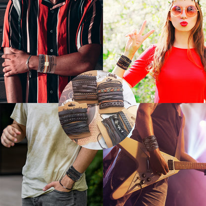 SONNYX 44 Pcs Braided Leather Bracelets for Men Women Woven Cuff Wrap Bracelets Hemp Cords Wood Beads Ethnic Tribal Bracelets Adjustable Leather Wristbands