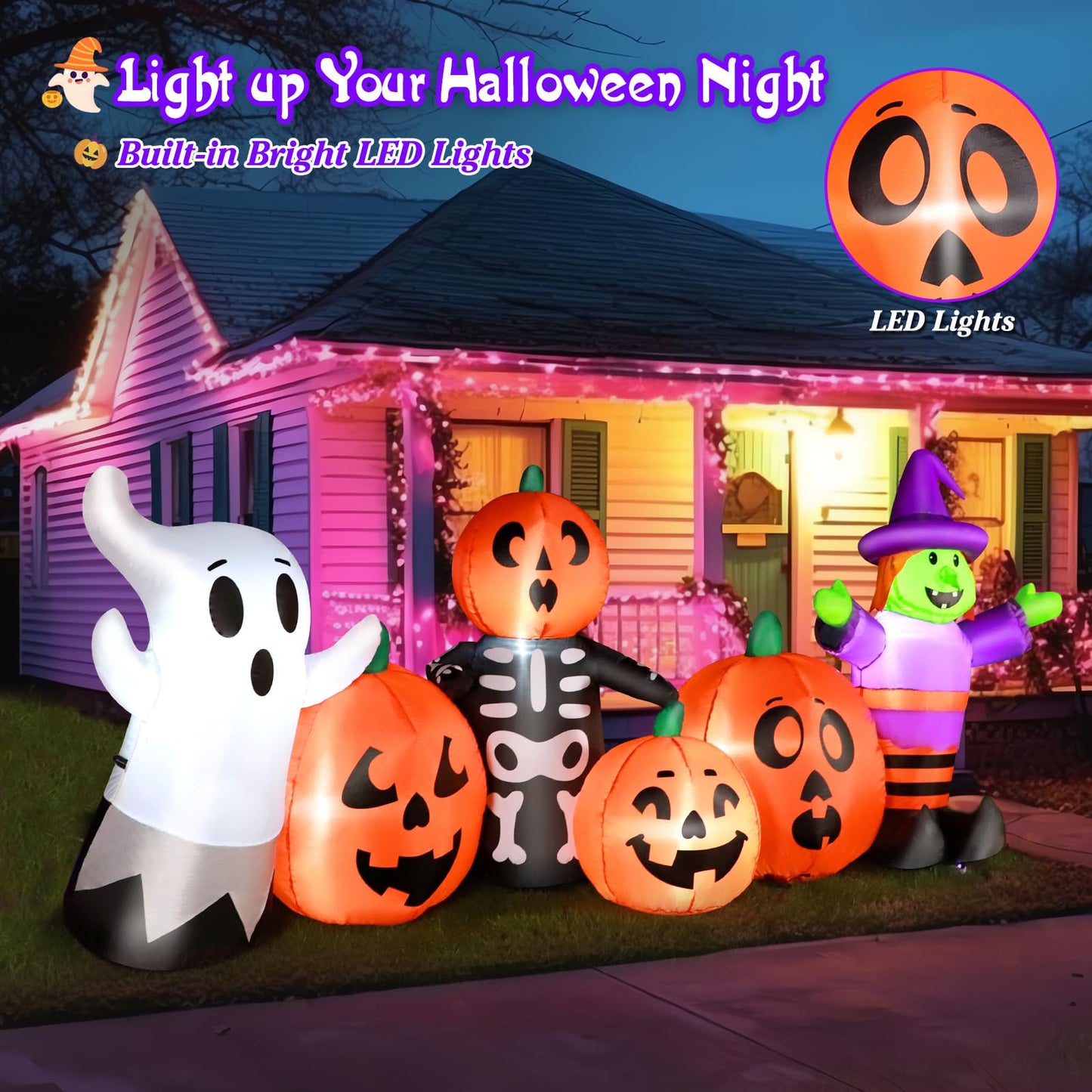 8 FT Length Halloween Inflatables Pumpkin Outdoor Decoration, Witch, Ghost, with Blow Up Pumpkin Inflatables Decorations Built-in LED Lights & Powerful Air Blower for Party Garden Halloween Decor
