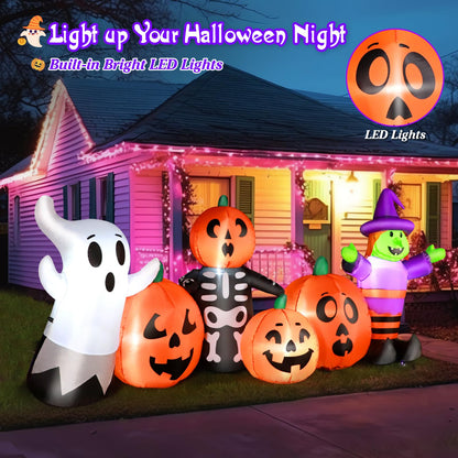 8 FT Length Halloween Inflatables Pumpkin Outdoor Decoration, Witch, Ghost, with Blow Up Pumpkin Inflatables Decorations Built-in LED Lights & Powerful Air Blower for Party Garden Halloween Decor