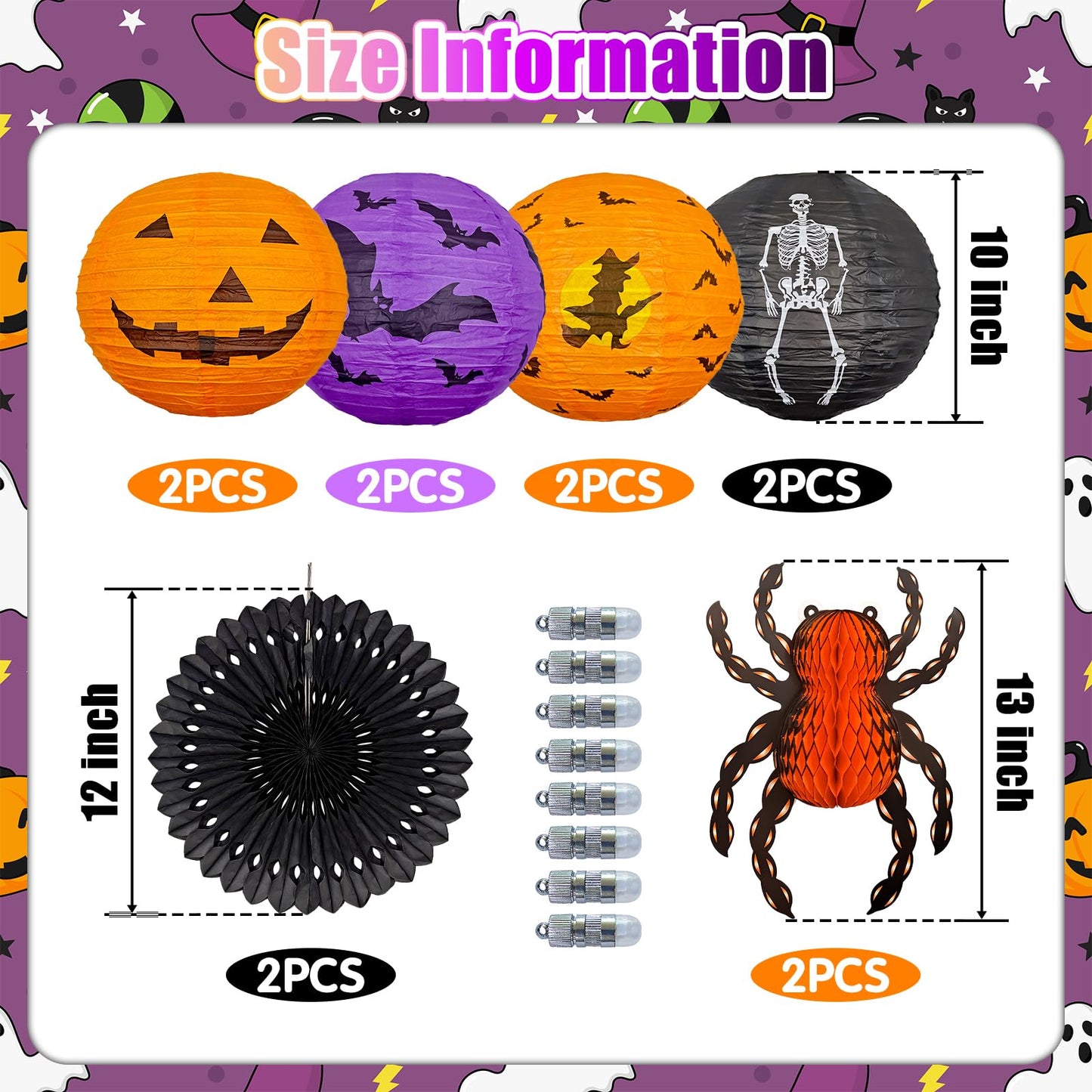 Halloween Hanging Decorations Paper Lanterns with Lights, Pumpkin Bat Skeleton Lanterns Spider for Indoor & Outdoor Spooky Home Decor Halloween Party Supplies Props 10" (8 LED Light)