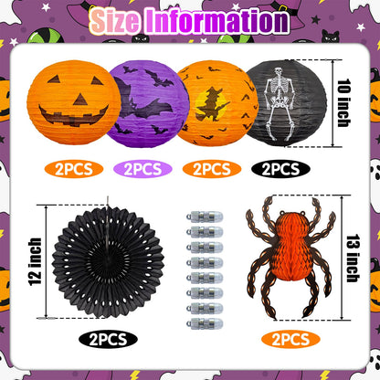Halloween Hanging Decorations Paper Lanterns with Lights, Pumpkin Bat Skeleton Lanterns Spider for Indoor & Outdoor Spooky Home Decor Halloween Party Supplies Props 10" (8 LED Light)