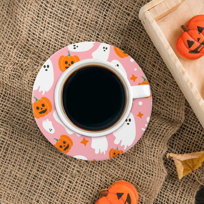 JarThenaAMCS 6 Pcs Halloween Coaster with Holder Pumpkin Ghost Anti Slip Cup Mat Pink White Orange Absorbent Ceramic Drink Coasters for Home Decor Table Protection
