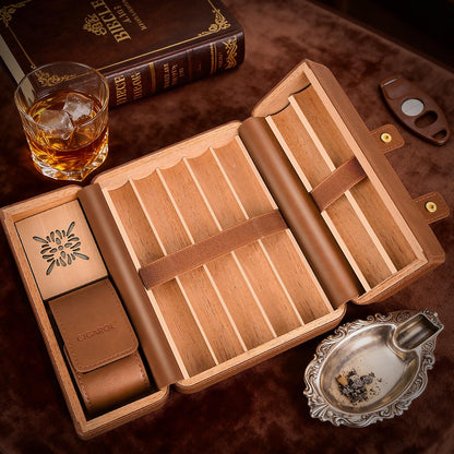 Cigarol Double Opening Travel Cigar Humidor, Leather Cigar Case with Cedar Wood Lining & Built-in Humidifier, Portable Cigar Storage Box, Luxury Cigar Gift for Men (Brown)